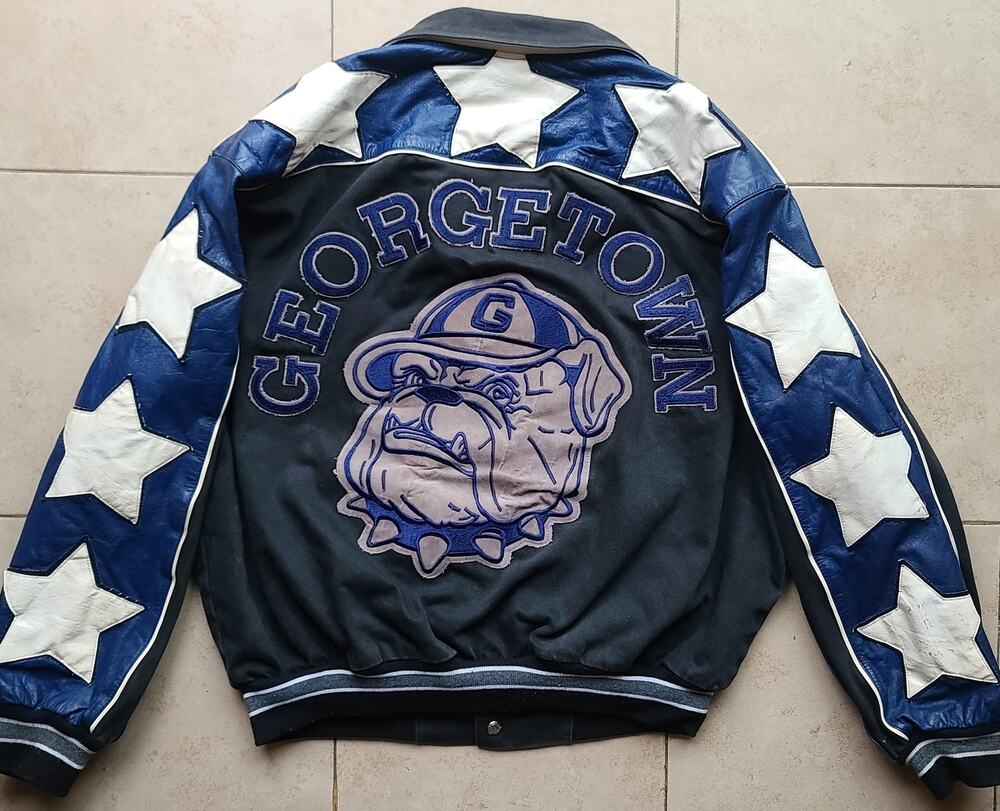 Georgetown Hoyas 90s JEFF HAMILTON bomber LEATHER jacket L navy blk NCAA vintage